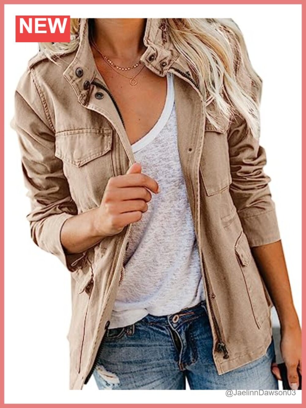 Women's Military Anorak Jacket Zip Up Snap Button Cotton Utility Coat with